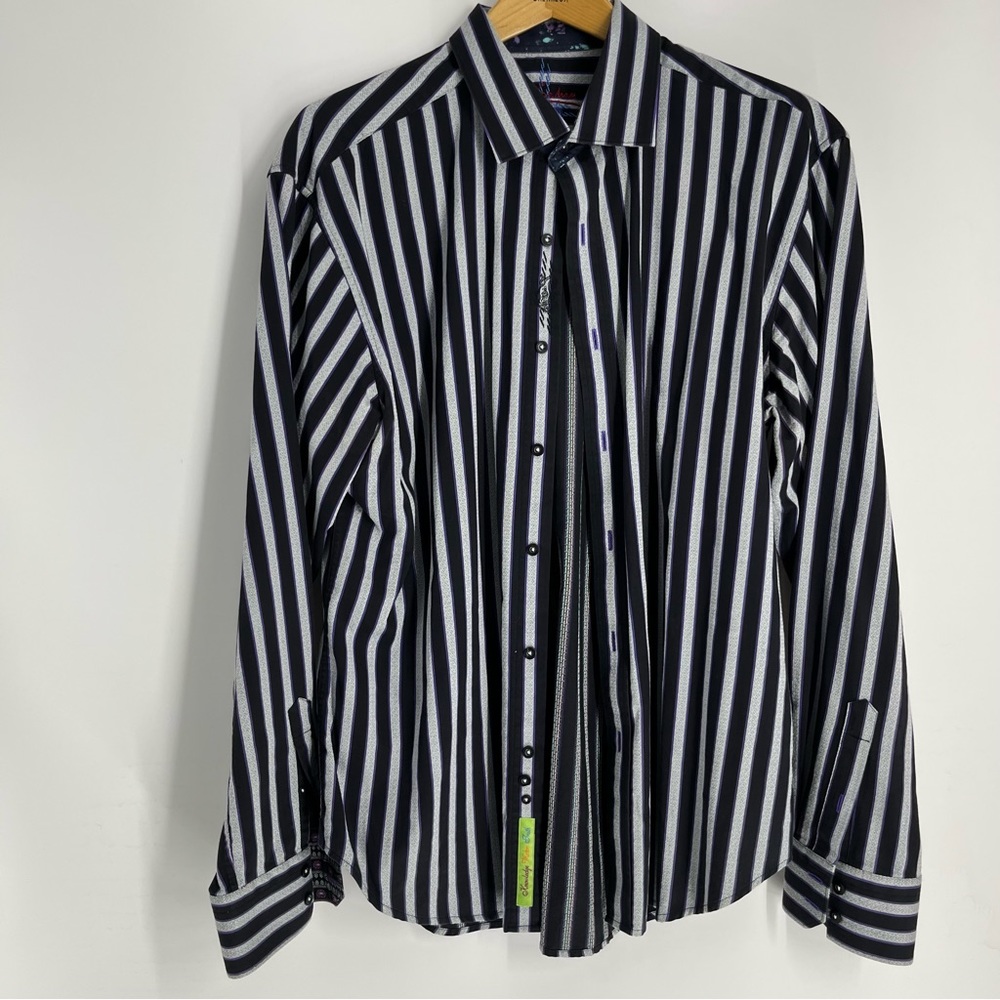 Robert Graham Shirt Mens 2XL Black Purple Stripe Knowledge Wisdom Truth …